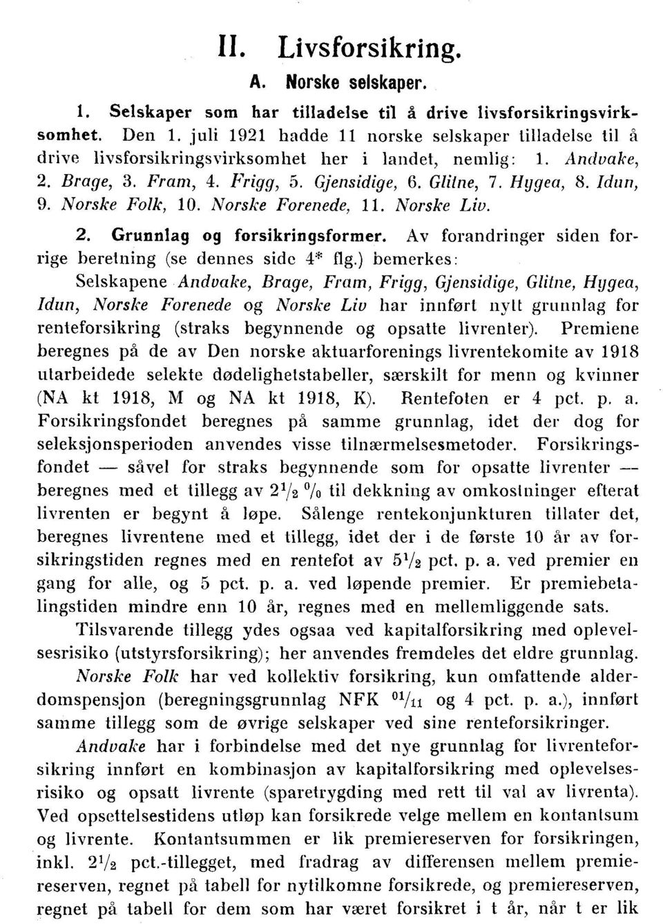 Norske Folk, 10. Norske Forenede, 11. Norske Liv. 2. Grunnlag og forsikringsformer. Av forandringer siden forrige beretning (se dennes side 4* fig.