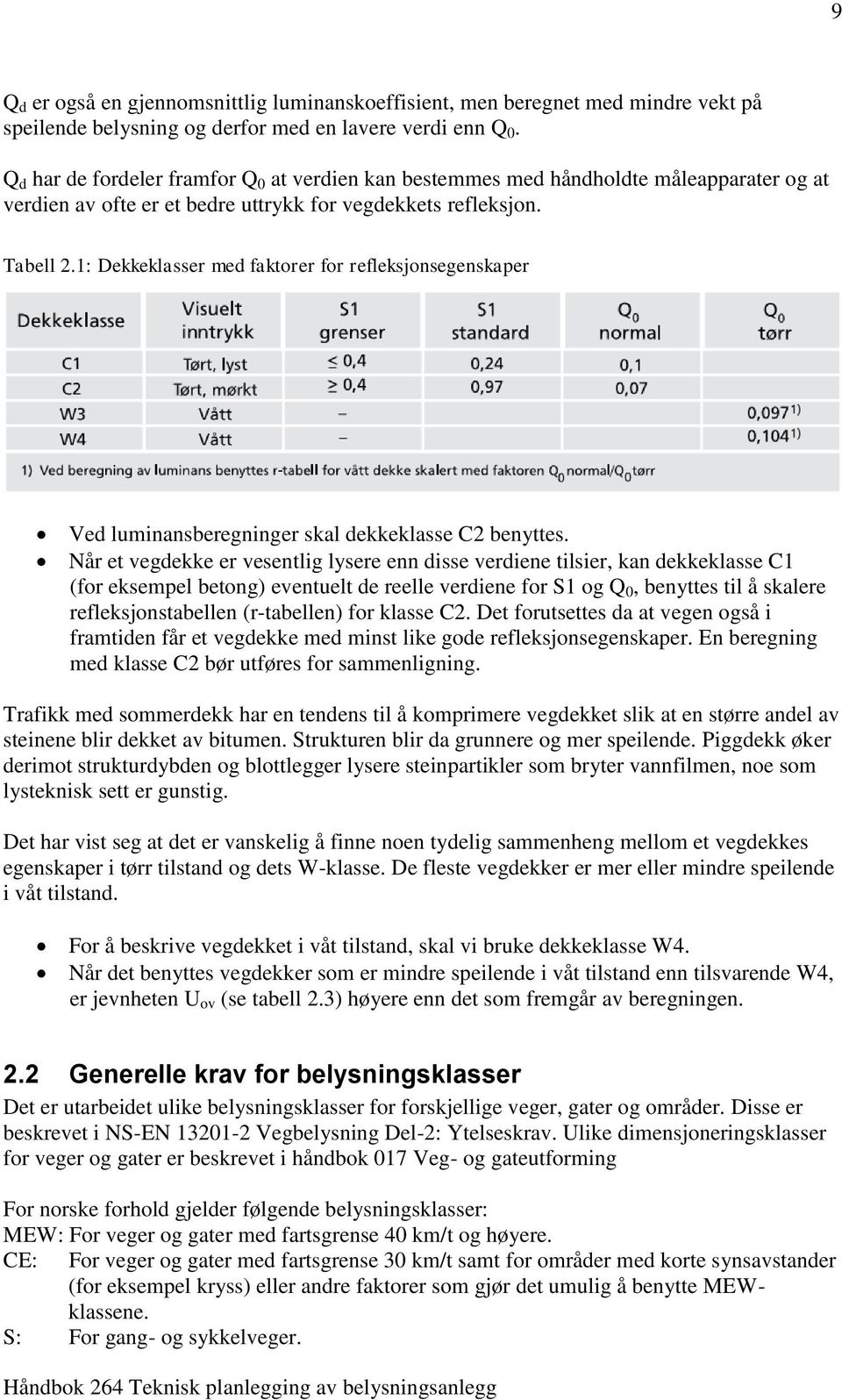 1: Dekkeklasser med faktorer for refleksjonsegenskaper Ved luminansberegninger skal dekkeklasse C2 benyttes.