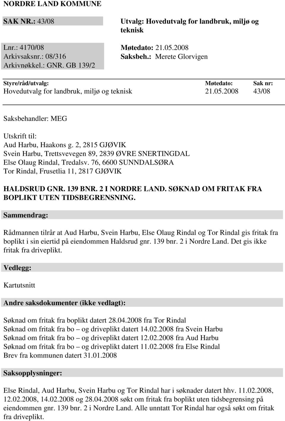 2, 2815 GJØVIK Svein Harbu, Trettsvevegen 89, 2839 ØVRE SNERTINGDAL Else Olaug Rindal, Tredalsv. 76, 6600 SUNNDALSØRA Tor Rindal, Frusetlia 11, 2817 GJØVIK HALDSRUD GNR. 139 BNR. 2 I NORDRE LAND.