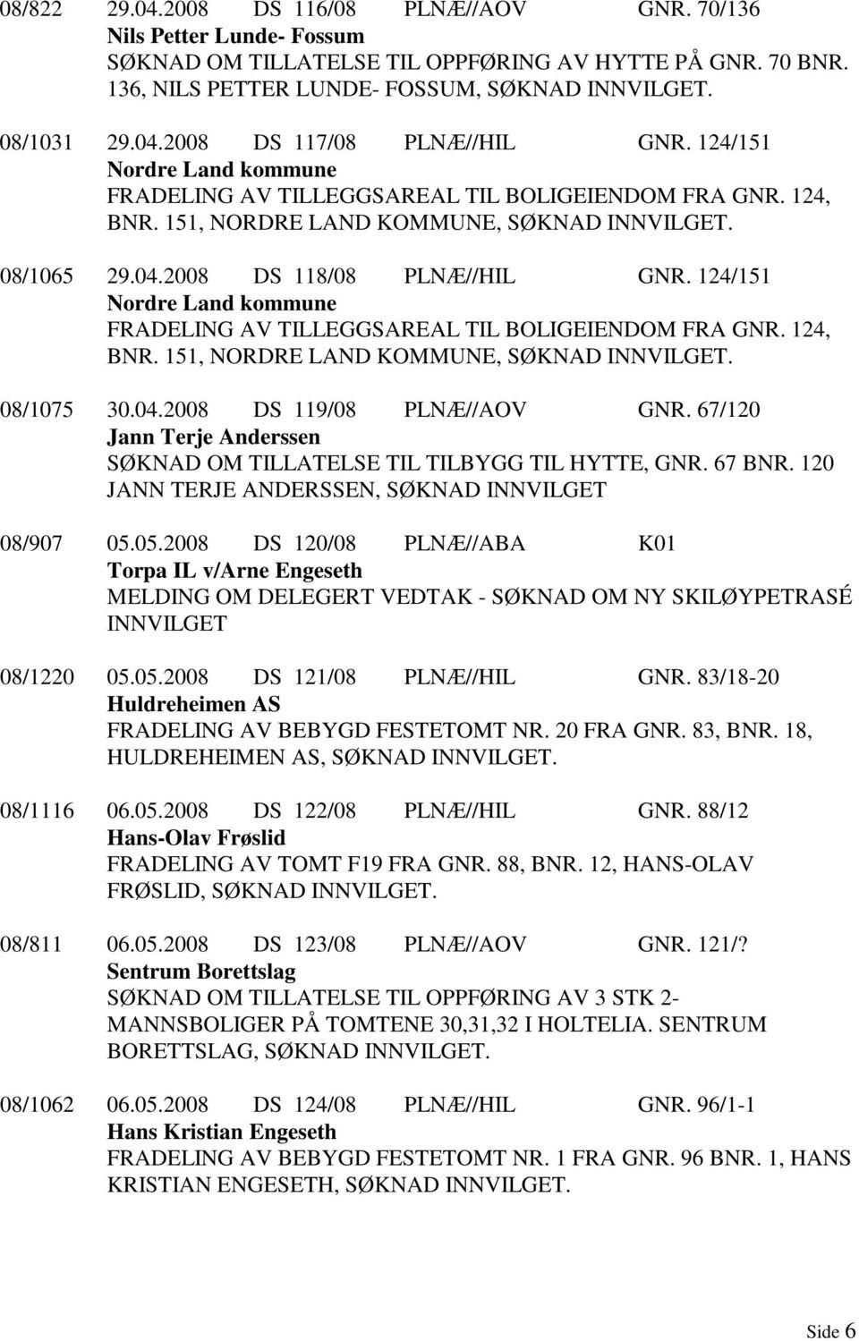 124/151 Nordre Land kommune FRADELING AV TILLEGGSAREAL TIL BOLIGEIENDOM FRA GNR. 124, BNR. 151, NORDRE LAND KOMMUNE, SØKNAD INNVILGET. 08/1075 30.04.2008 DS 119/08 PLNÆ//AOV GNR.