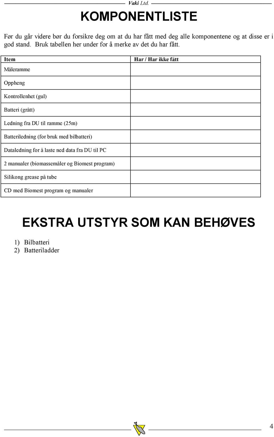 Item Måleramme Har / Har ikke fått Oppheng Kontrollenhet (gul) Batteri (grått) Ledning fra DU til ramme (25m) Batteriledning (for bruk