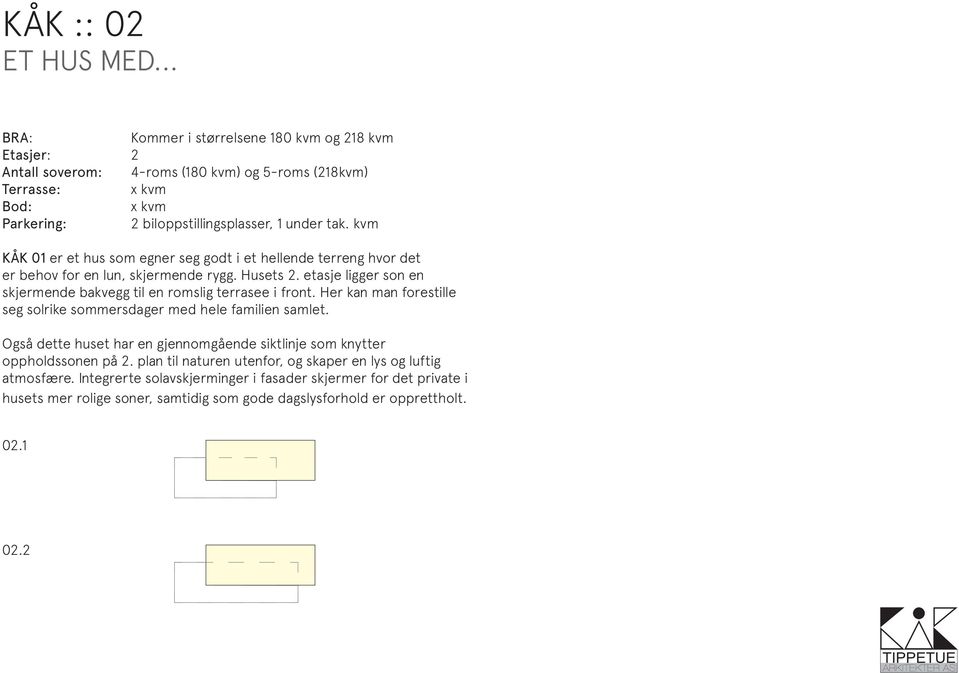 kvm KÅK 01 er et hus som egner seg godt i et hellende terreng hvor det er behov for en lun, skjermende rygg. Husets 2. etasje ligger son en skjermende bakvegg til en romslig terrasee i front.