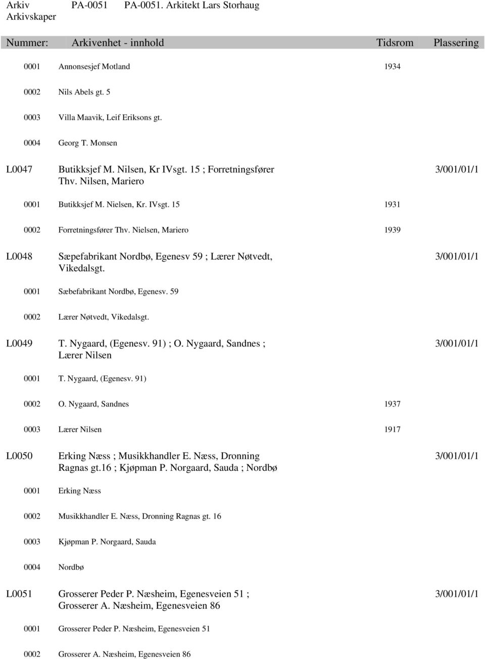0001 Sæbefabrikant Nordbø, Egenesv. 59 0002 Lærer Nøtvedt, Vikedalsgt. L0049 T. Nygaard, (Egenesv. 91) ; O. Nygaard, Sandnes ; Lærer Nilsen 0001 T. Nygaard, (Egenesv. 91) 0002 O.
