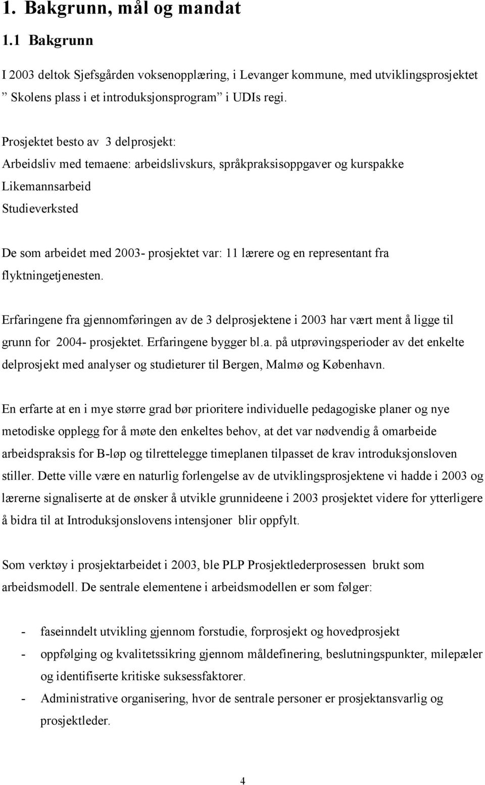 representant fra flyktningetjenesten. Erfaringene fra gjennomføringen av de 3 delprosjektene i 2003 har vært ment å ligge til grunn for 2004- prosjektet. Erfaringene bygger bl.a. på utprøvingsperioder av det enkelte delprosjekt med analyser og studieturer til Bergen, Malmø og København.