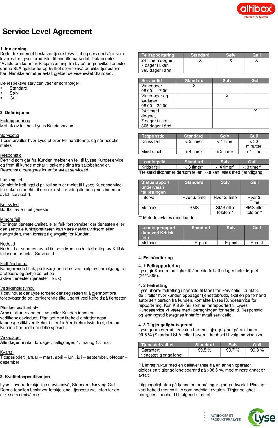 Når ikke annet er avtalt gjelder servicenivået Standard. De respektive servicenivåer er som følger: Standard Sølv Gull 2.