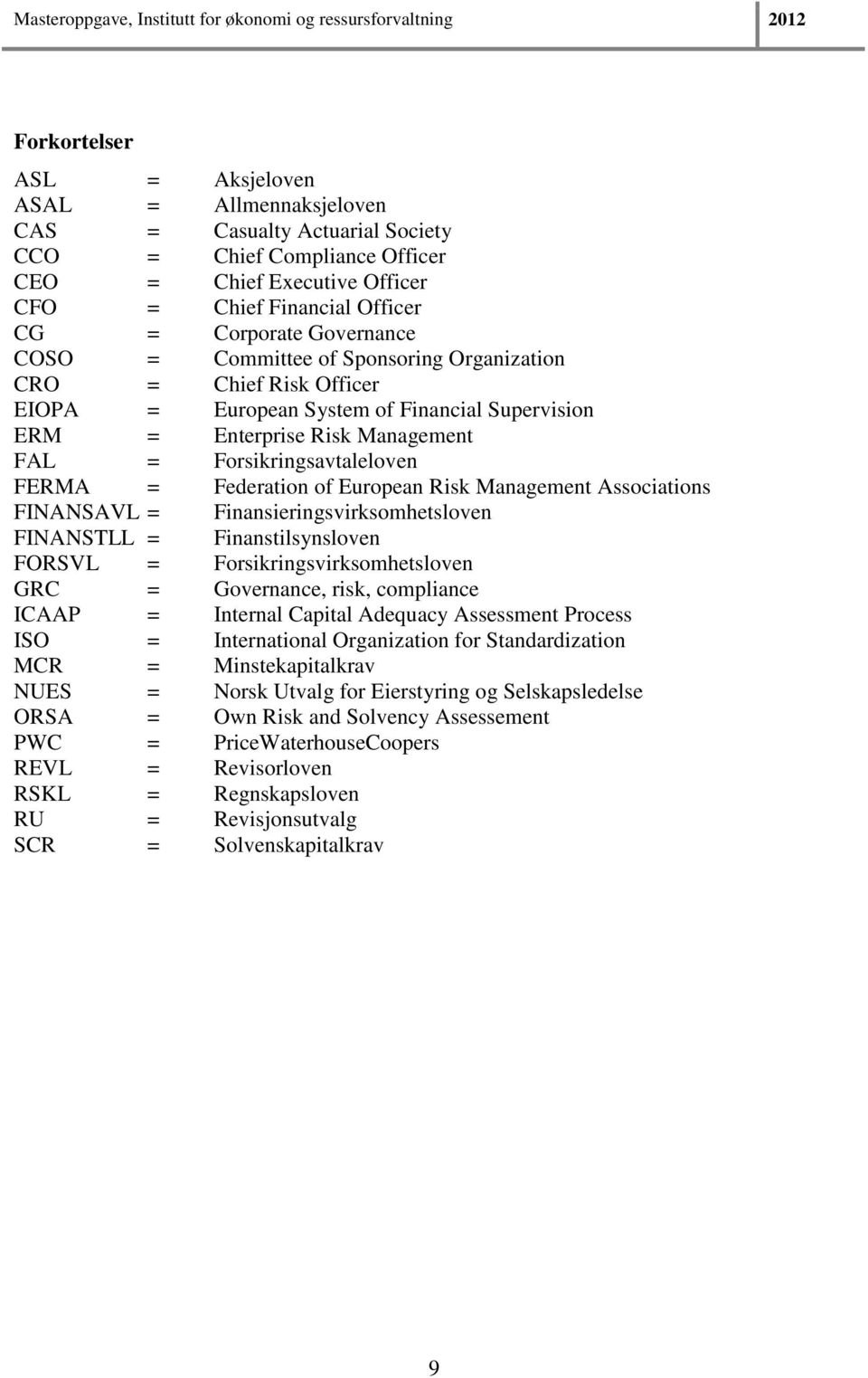 Federation of European Risk Management Associations FINANSAVL = Finansieringsvirksomhetsloven FINANSTLL = Finanstilsynsloven FORSVL = Forsikringsvirksomhetsloven GRC = Governance, risk, compliance