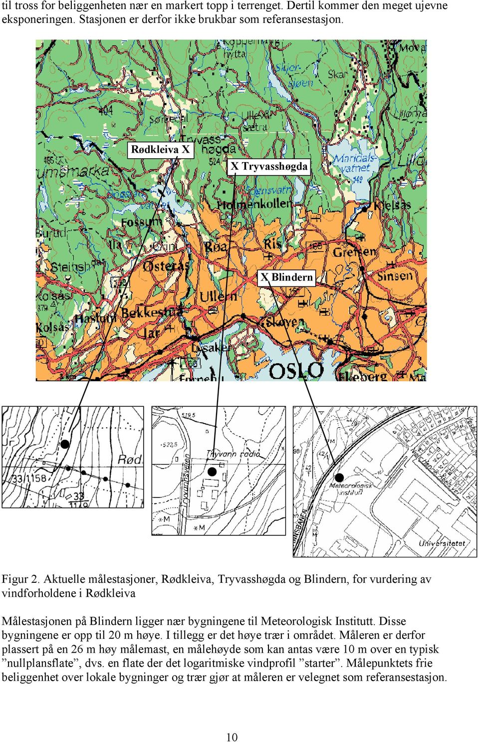 Aktuelle målestasjoner, Rødkleiva, Tryvasshøgda og Blindern, for vurdering av vindforholdene i Rødkleiva Målestasjonen på Blindern ligger nær bygningene til Meteorologisk Institutt.