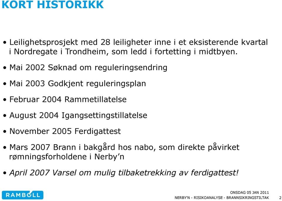 Mai 2002 Søknad om reguleringsendring Mai 2003 Godkjent reguleringsplan Februar 2004 Rammetillatelse August 2004
