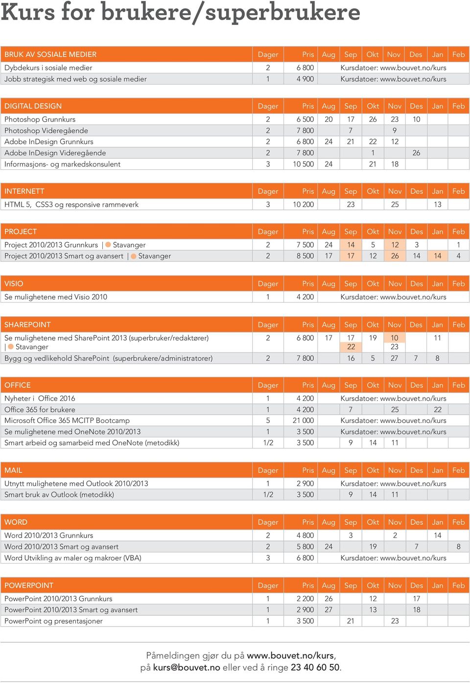 no/kurs DIGITAL DESIGN Dager Pris Aug Sep Okt Nov Des Jan Feb Photoshop Grunnkurs 2 6 500 20 17 26 23 10 Photoshop Videregående 2 7 800 7 9 Adobe InDesign Grunnkurs 2 6 800 24 21 22 12 Adobe InDesign