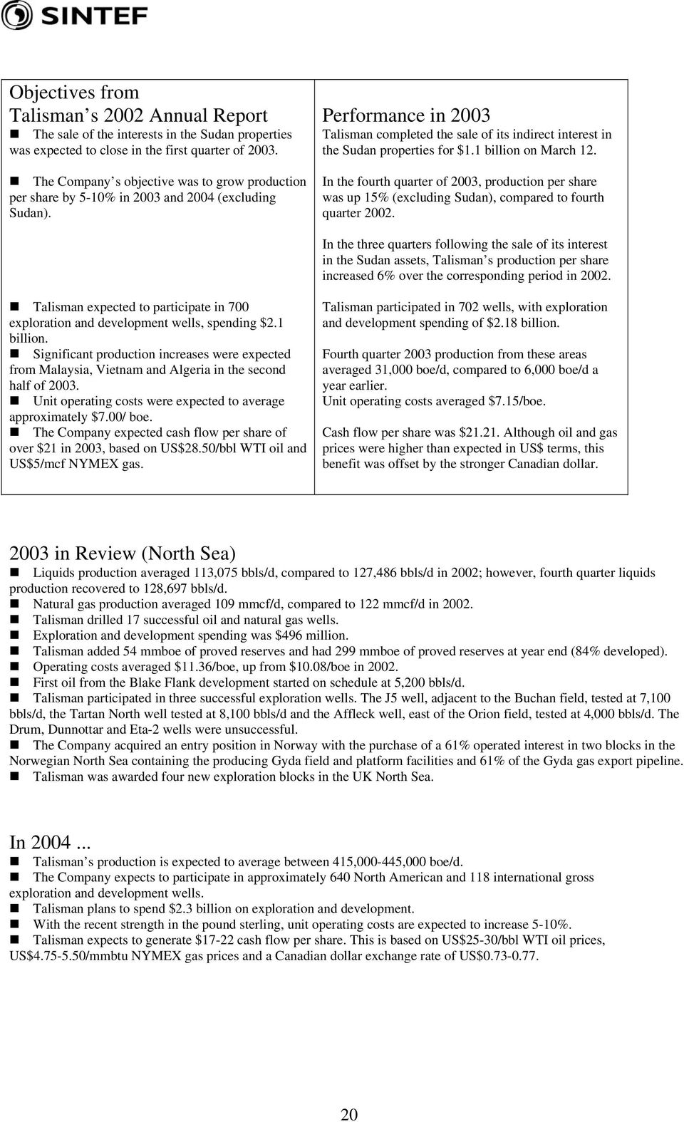 Performance in 2003 Talisman completed the sale of its indirect interest in the Sudan properties for $1.1 billion on March 12.