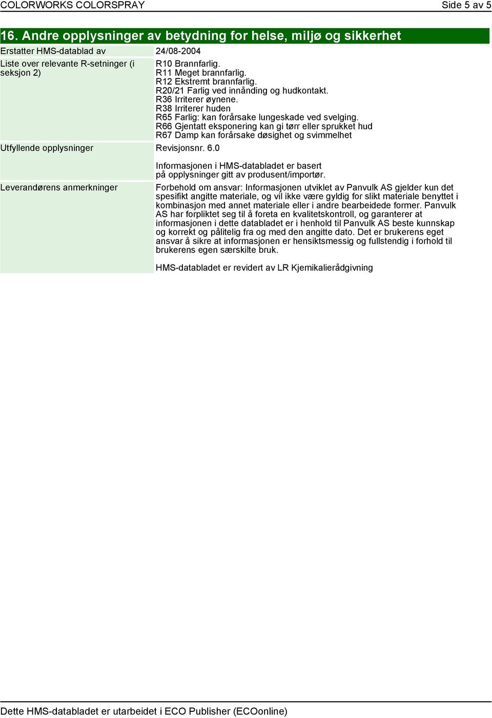 0 R10 Brannfarlig. R11 Meget brannfarlig. R12 Ekstremt brannfarlig. R20/21 Farlig ved innånding og hudkontakt. R36 Irriterer øynene.