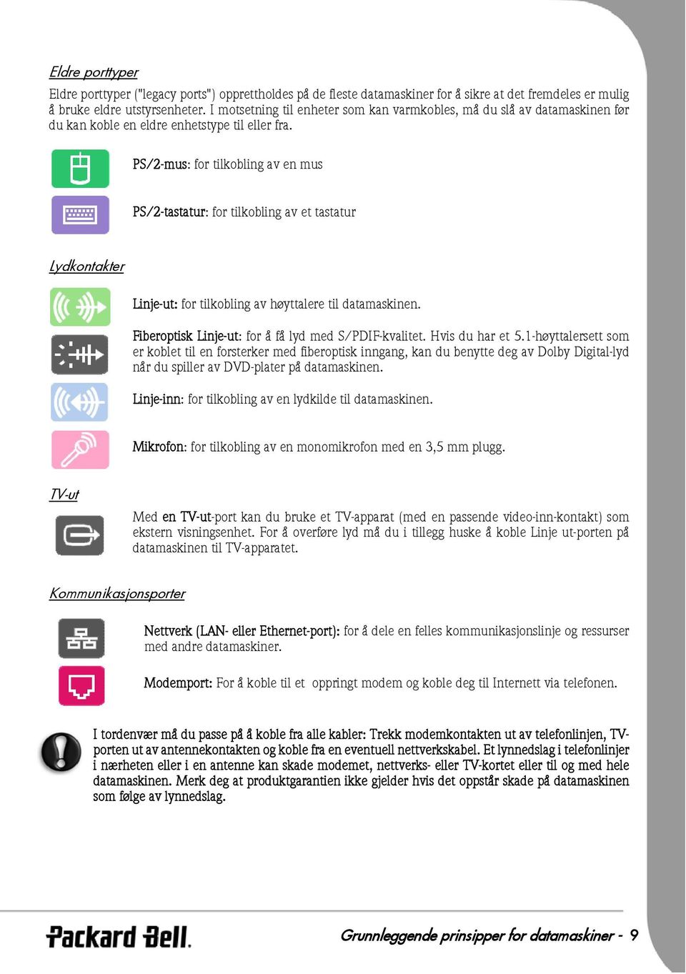 PS/2-mus: for tilkobling av en mus PS/2-tastatur: for tilkobling av et tastatur Lydkontakter Linje-ut: for tilkobling av høyttalere til datamaskinen.