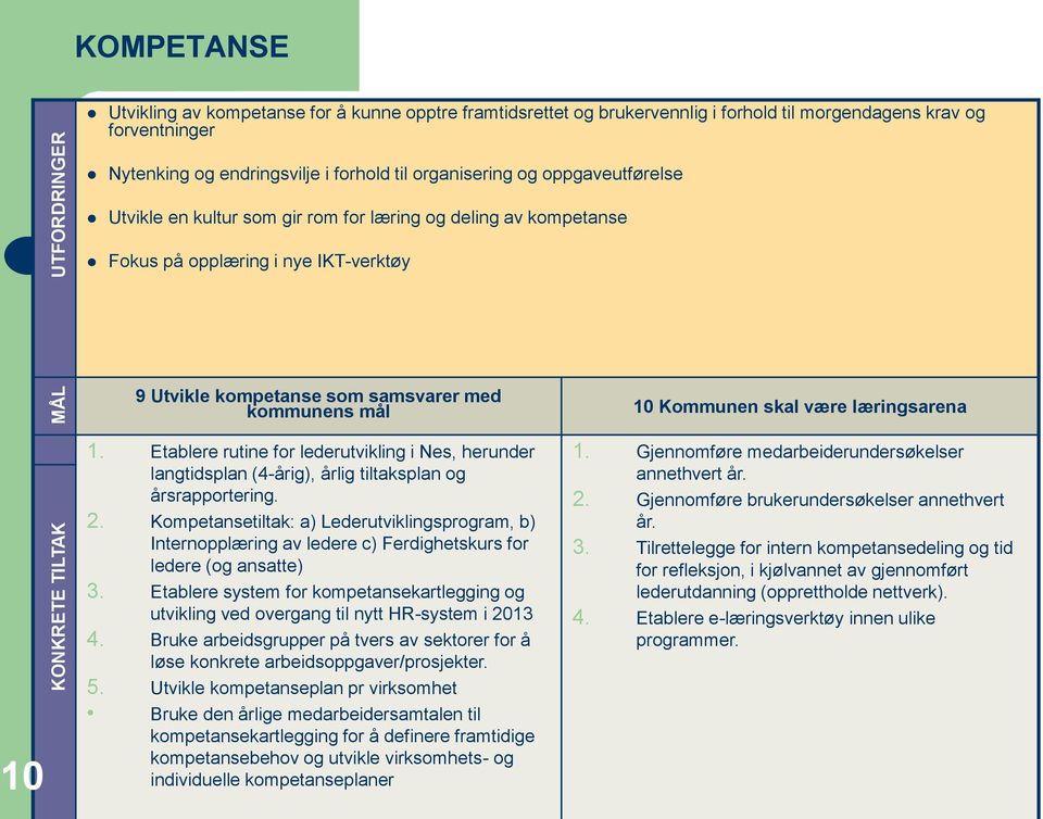 læringsarena 10 1. Etablere rutine for lederutvikling i Nes, herunder langtidsplan (4-årig), årlig tiltaksplan og årsrapportering. 2.