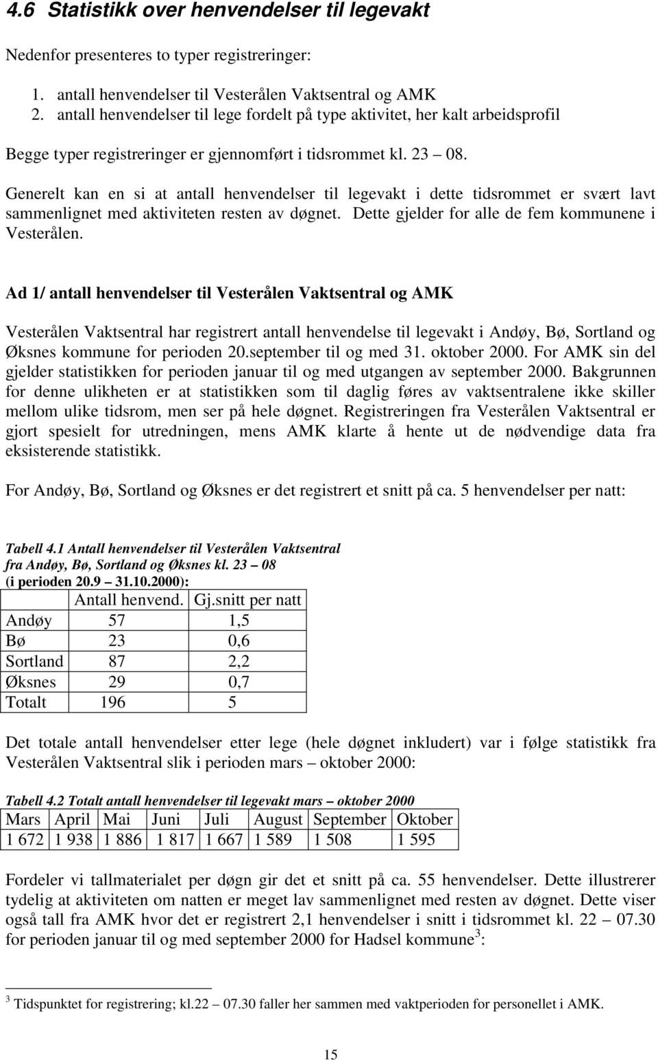 Generelt kan en si at antall henvendelser til legevakt i dette tidsrommet er svært lavt sammenlignet med aktiviteten resten av døgnet. Dette gjelder for alle de fem kommunene i Vesterålen.