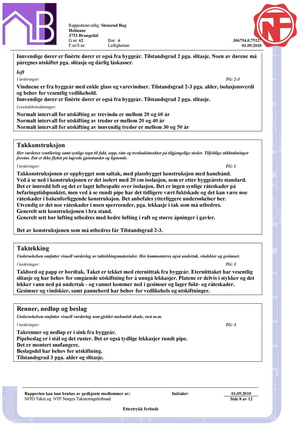 alder, isolasjonsverdi og behov for vesentlig vedlikehold. Innvendige dører er finèrte dører er også fra byggeår. Tilstandsgrad 2 pga. slitasje.