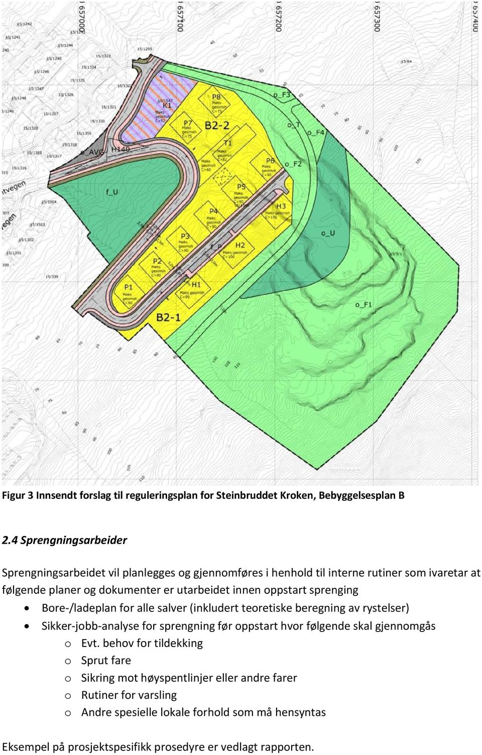 innen oppstart sprenging Bore /ladeplan for alle salver (inkludert teoretiske beregning av rystelser) Sikker jobb analyse for sprengning før oppstart hvor følgende