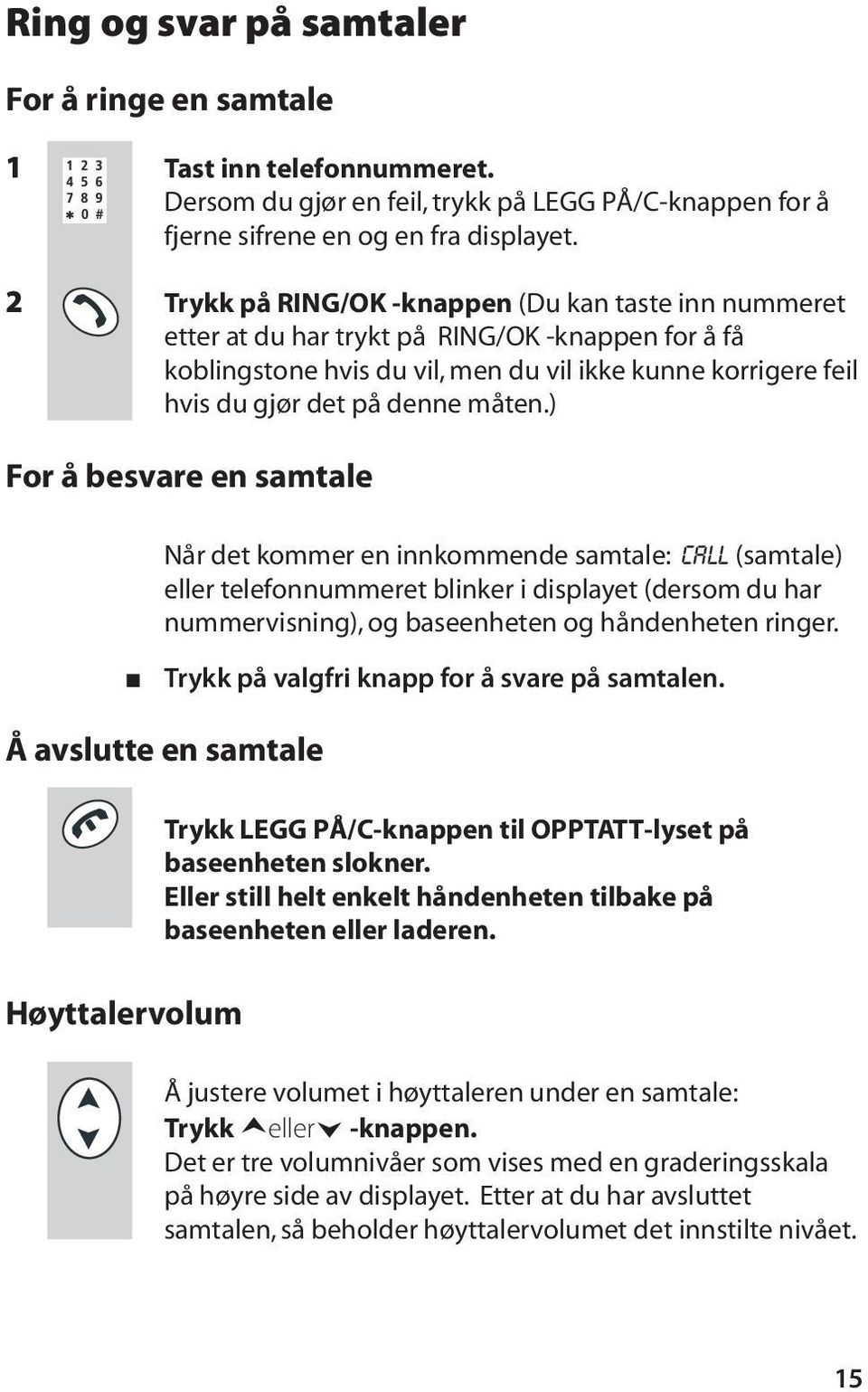 måten.) For å besvare en samtale Når det kommer en innkommende samtale: CALL (samtale) eller telefonnummeret blinker i displayet (dersom du har nummervisning), og baseenheten og håndenheten ringer.