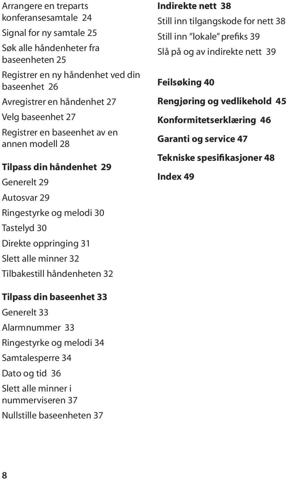 håndenheten 32 Indirekte nett 38 Still inn tilgangskode for nett 38 Still inn lokale prefiks 39 Slå på og av indirekte nett 39 Feilsøking 40 Rengjøring og vedlikehold 45 Konformitetserklæring 46