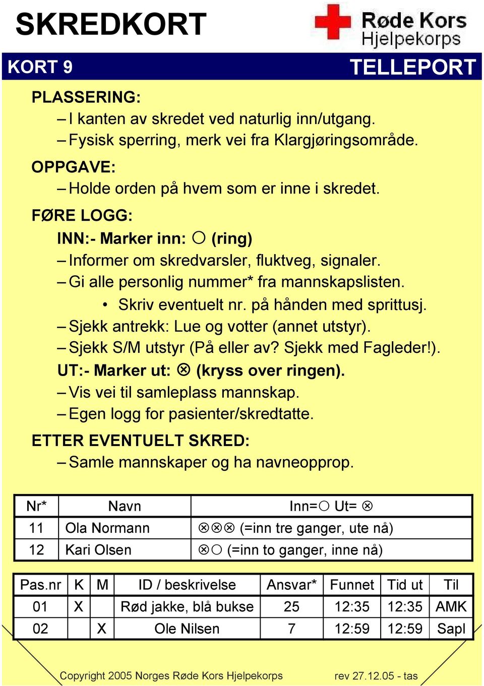 Sjekk antrekk: Lue og votter (annet utstyr). Sjekk S/M utstyr (På eller av? Sjekk med Fagleder!). UT:- Marker ut: (kryss over ringen). Vis vei til samleplass mannskap.