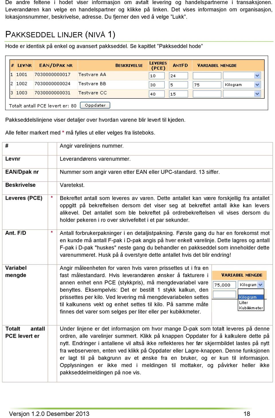 Se kapitlet Pakkseddel hode Pakkseddelslinjene viser detaljer over hvordan varene blir levert til kjeden. Alle felter markert med * må fylles ut eller velges fra listeboks. # Angir varelinjens nummer.