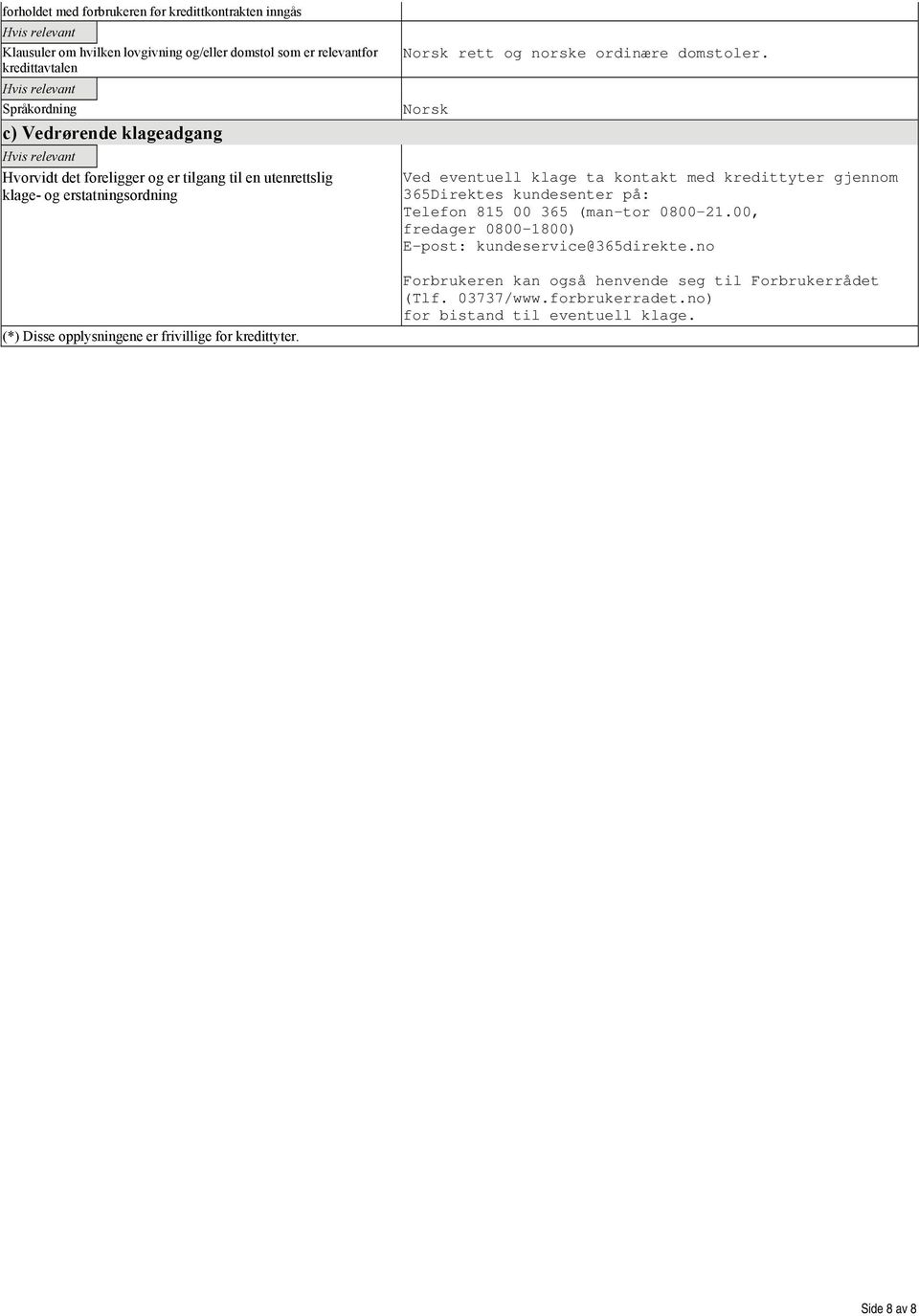 Norsk rett og norske ordinære domstoler. Norsk Ved eventuell klage ta kontakt med kredittyter gjennom 365Direktes kundesenter på: Telefon 815 00 365 (man-tor 0800 21.