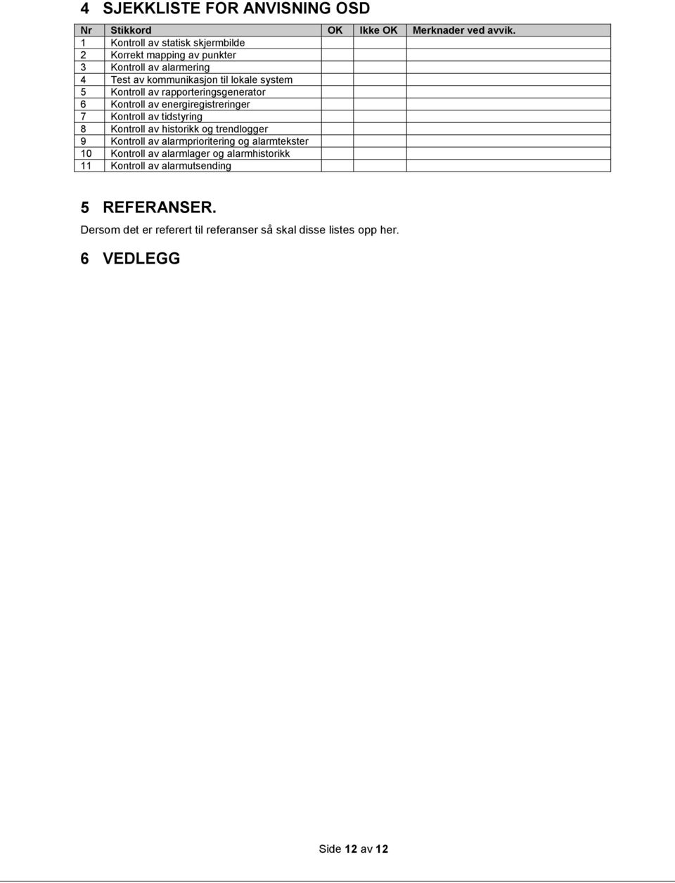 av rapporteringsgenerator 6 Kontroll av energiregistreringer 7 Kontroll av tidstyring 8 Kontroll av historikk og trendlogger 9 Kontroll av