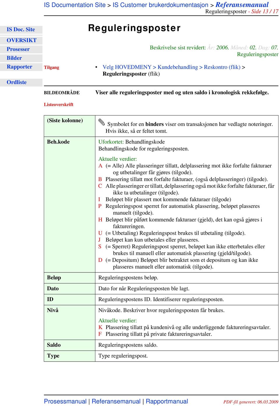 kode Beløp Dato ID Nivå Saldo Type Symbolet for en binders viser om transaksjonen har vedlagte noteringer. Hvis ikke, så er feltet tomt.