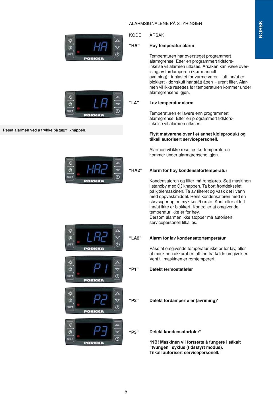 Alarmen vil ikke resettes før temperaturen kommer under alarmgrensene igjen. LA Lav temperatur alarm Reset alarmen ved å trykke på knappen. Temperaturen er lavere enn programmert alarmgrense.