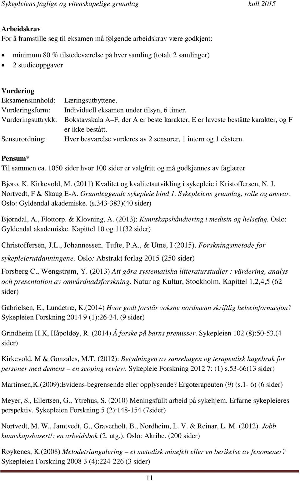 Sensurordning: Hver besvarelse vurderes av 2 sensorer, 1 intern og 1 ekstern. Pensum* Til sammen ca. 1050 sider hvor 100 sider er valgfritt og må godkjennes av faglærer Bjøro, K. Kirkevold, M.