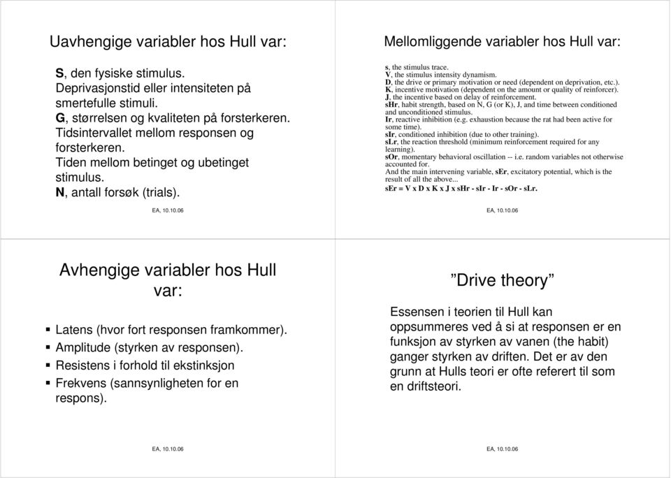 V, the stimulus intensity dynamism. D, the drive or primary motivation or need (dependent on deprivation, etc.). K, incentive motivation (dependent on the amount or quality of reinforcer).