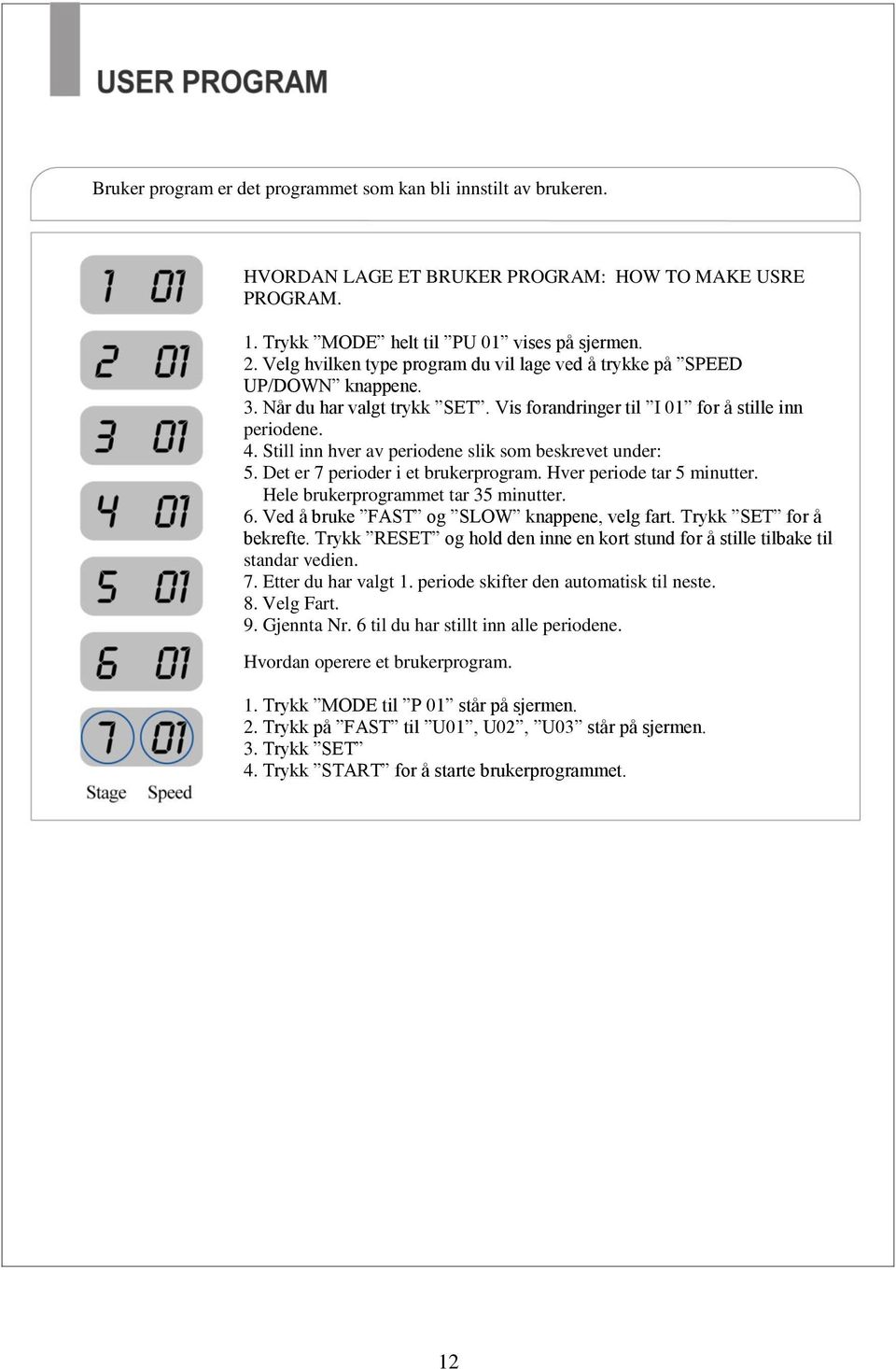 Still inn hver av periodene slik som beskrevet under: 5. Det er 7 perioder i et brukerprogram. Hver periode tar 5 minutter. Hele brukerprogrammet tar 35 minutter. 6.