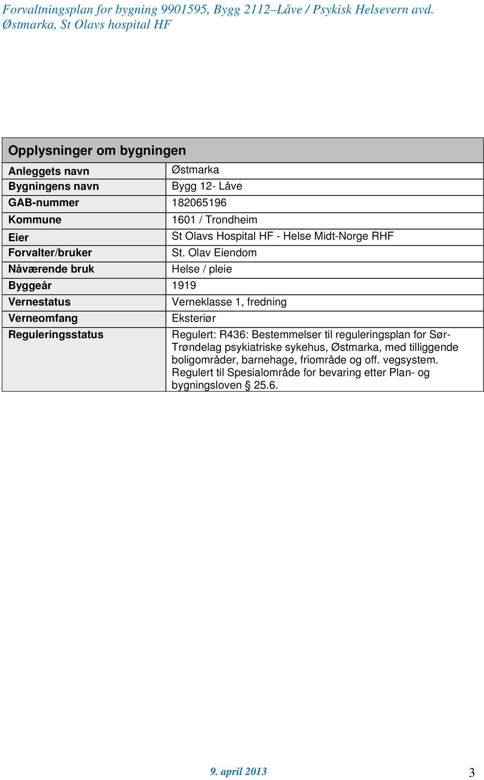 Olav Eiendom Nåværende bruk Helse / pleie Byggeår 1919 Vernestatus Verneklasse 1, fredning Verneomfang Eksteriør Reguleringsstatus Regulert: R436: