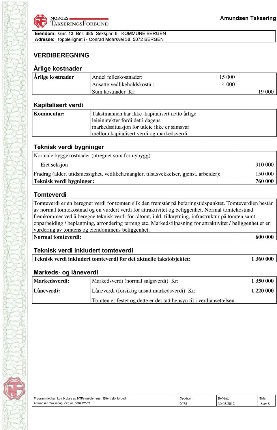 mellom kapitalisert verdi og markedsverdi. Teknisk verdi bygninger Normale byggekostnader (utregnet som for nybygg): Eiet seksjon 910 000 Fradrag (alder, utidsmessighet, vedlikeh.mangler, tilst.