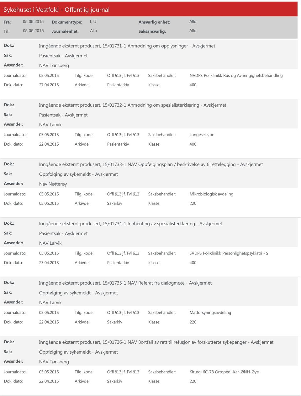 2015 Arkivdel: Pasientarkiv Inngående eksternt produsert, 15/01733-1 NAV Oppfølgingsplan / beskrivelse av tilrettelegging - Oppfølging av sykemeldt - Nav Nøtterøy Mikrobiologisk avdeling Dok.