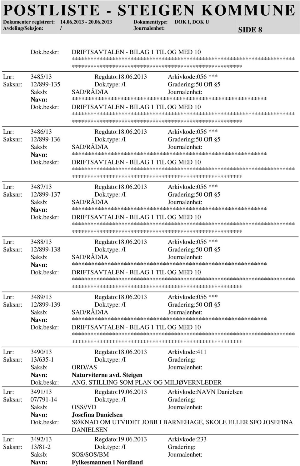 type: /I Gradering:50 Ofl 5 ***** DRIFTSAVTALEN - BILAG 1 TIL OG MED 10 Lnr: 3487/13 Regdato:18.06.2013 Arkivkode:056 *** Saksnr: 12/899-137 Dok.