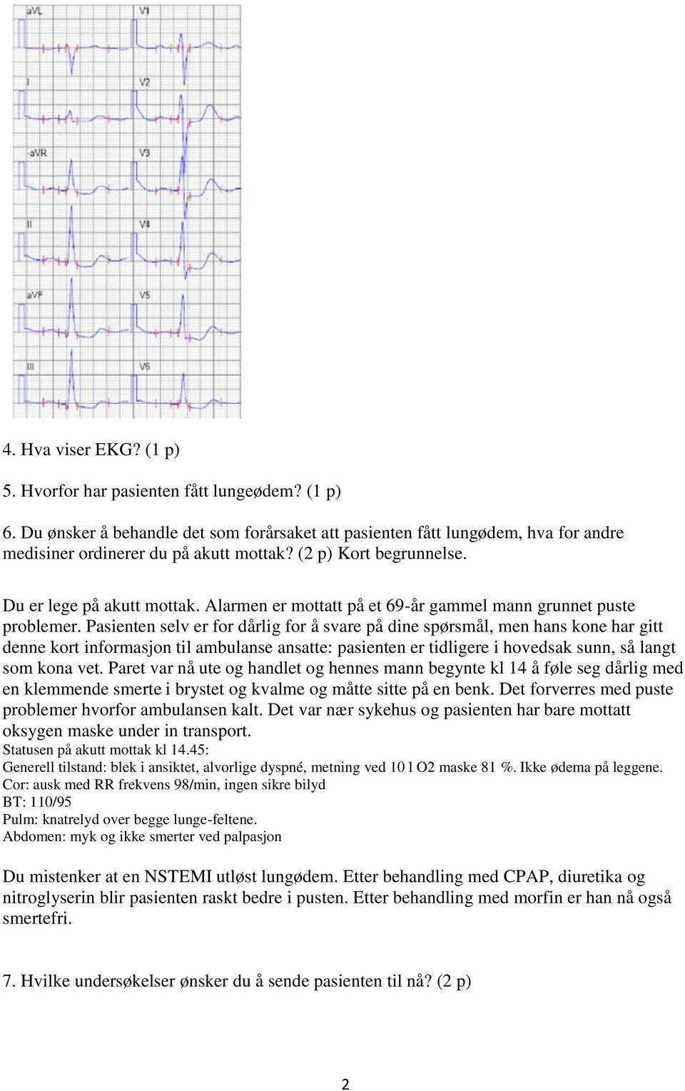 Pasienten selv er for dårlig for å svare på dine spørsmål, men hans kone har gitt denne kort informasjon til ambulanse ansatte: pasienten er tidligere i hovedsak sunn, så langt som kona vet.