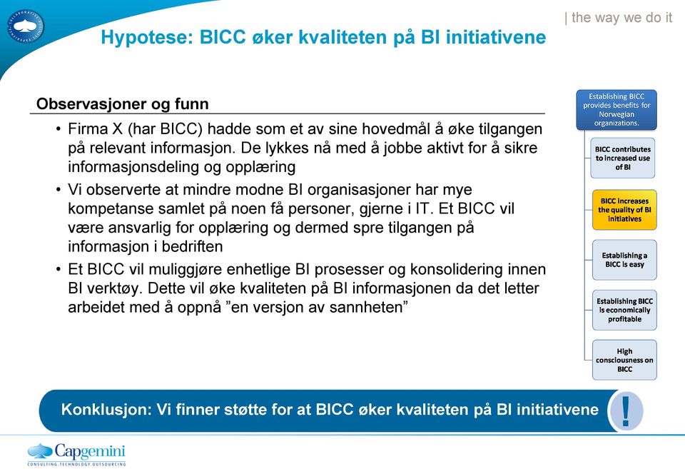 i IT. Et BICC vil være ansvarlig for opplæring og dermed spre tilgangen på informasjon i bedriften Et BICC vil muliggjøre enhetlige BI prosesser og konsolidering innen BI verktøy.