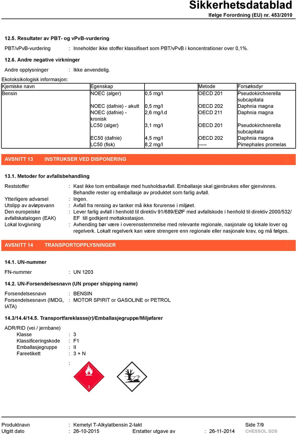 Ekotoksikologisk informasjon: Kjemiske navn Egenskap Metode Forsøksdyr Bensin NOEC (alger) 0,5 mg/l OECD 201 Pseudokirchnerella subcapitata NOEC (dafnie) - akutt 0,5 mg/l OECD 202 Daphnia magna NOEC