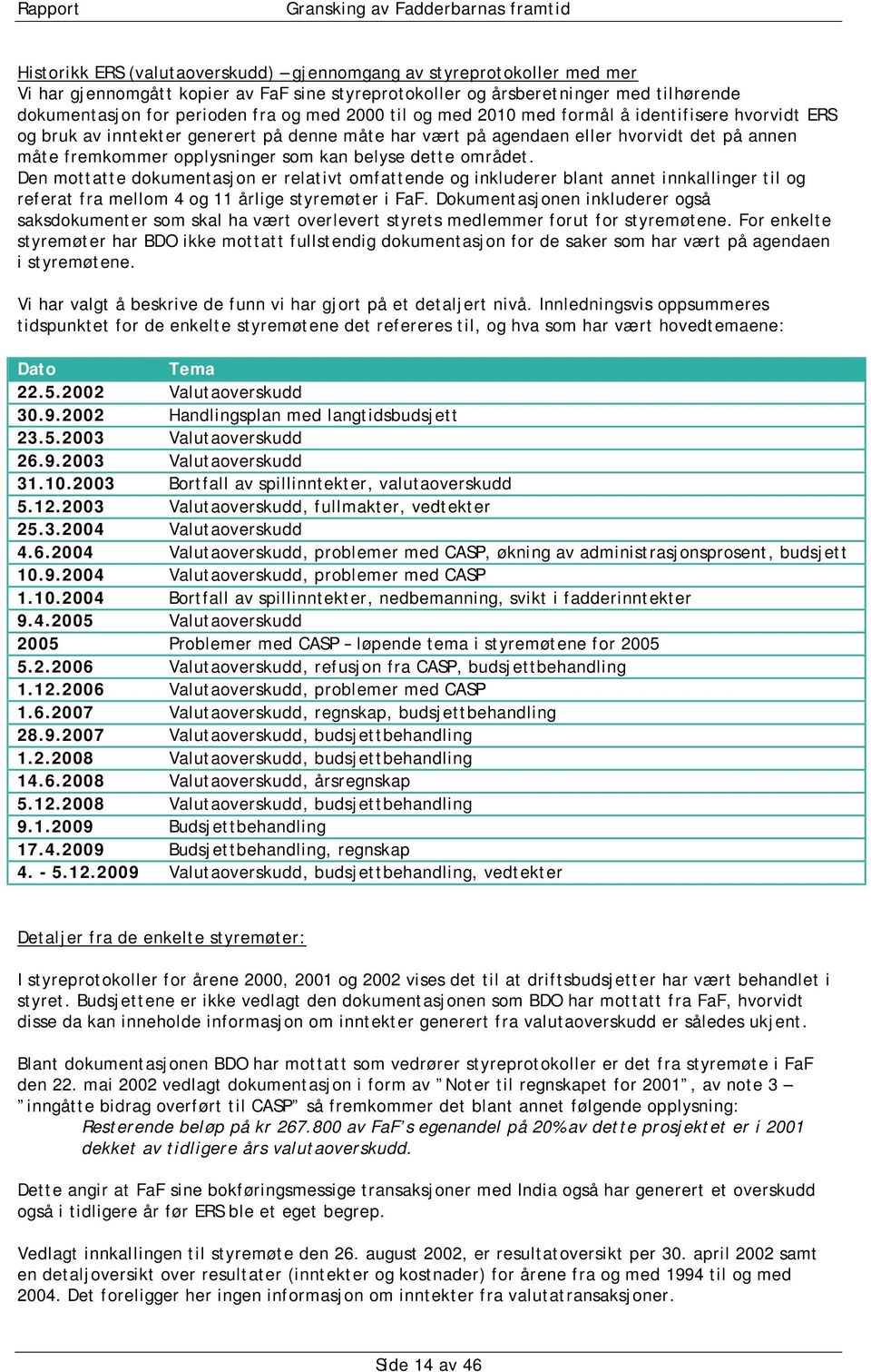 dette området. Den mottatte dokumentasjon er relativt omfattende og inkluderer blant annet innkallinger til og referat fra mellom 4 og 11 årlige styremøter i FaF.