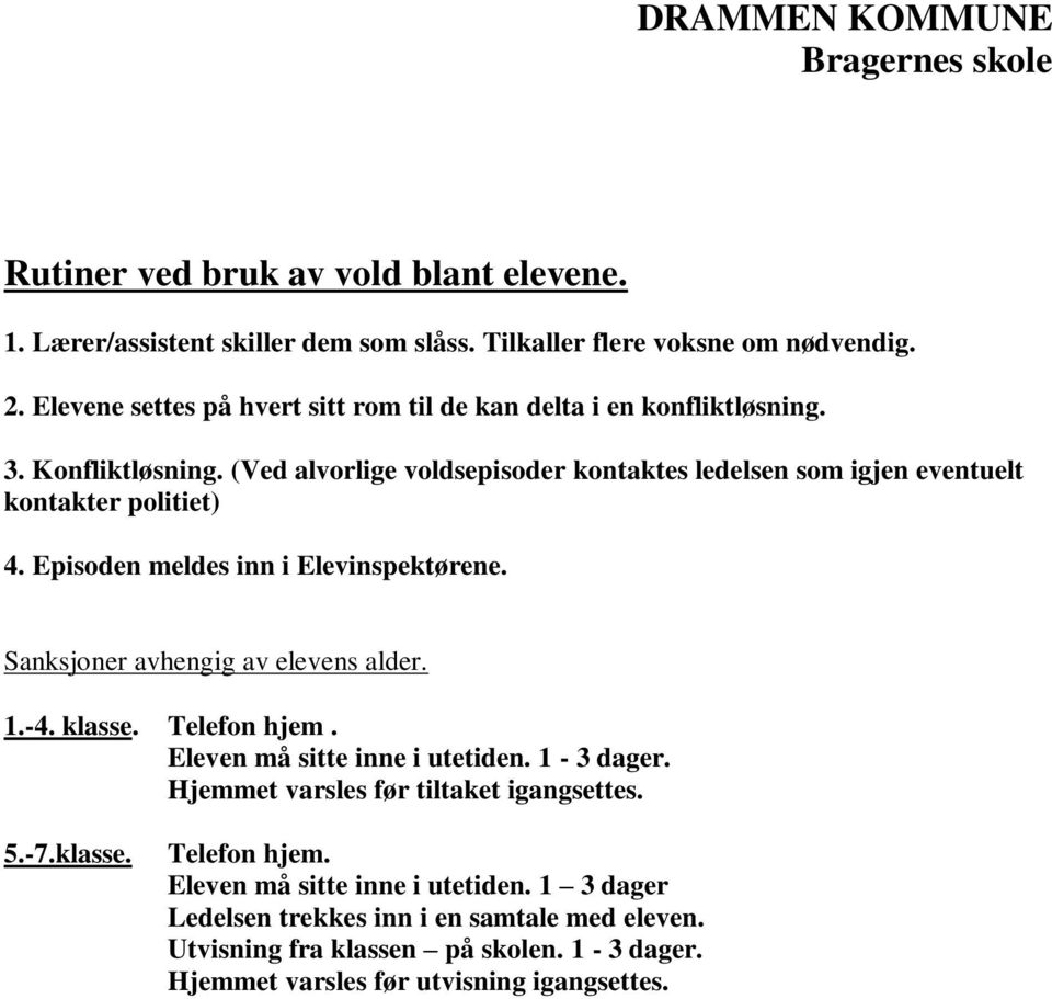 Episoden meldes inn i Elevinspektørene. Sanksjoner avhengig av elevens alder. 1.-4. klasse. Telefon hjem. Eleven må sitte inne i utetiden. 1-3 dager.