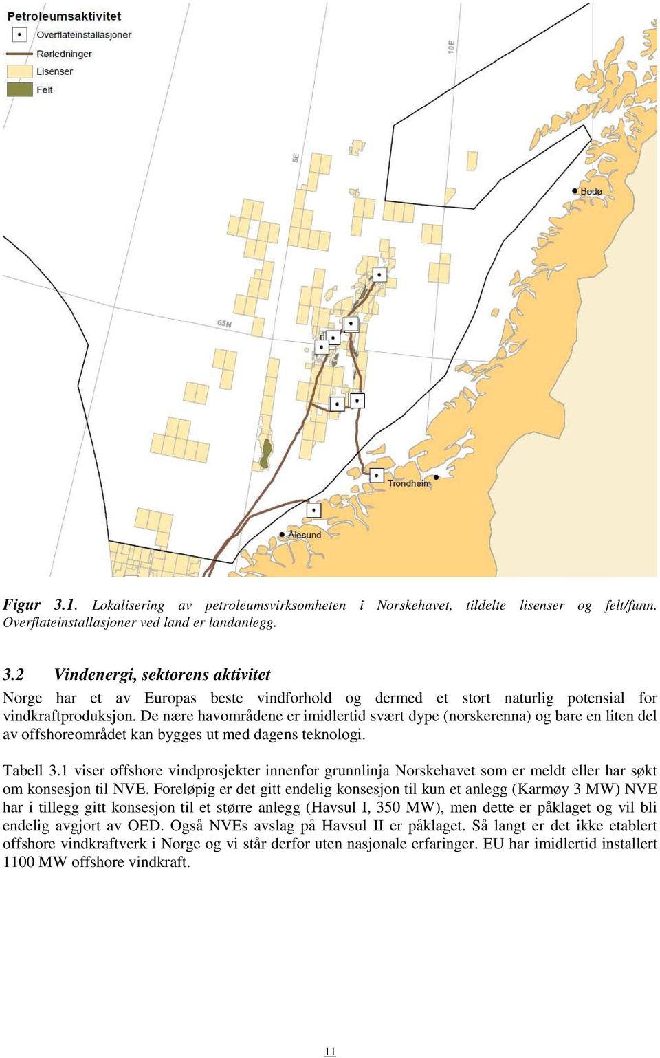 1 viser offshore vindprosjekter innenfor grunnlinja Norskehavet som er meldt eller har søkt om konsesjon til NVE.