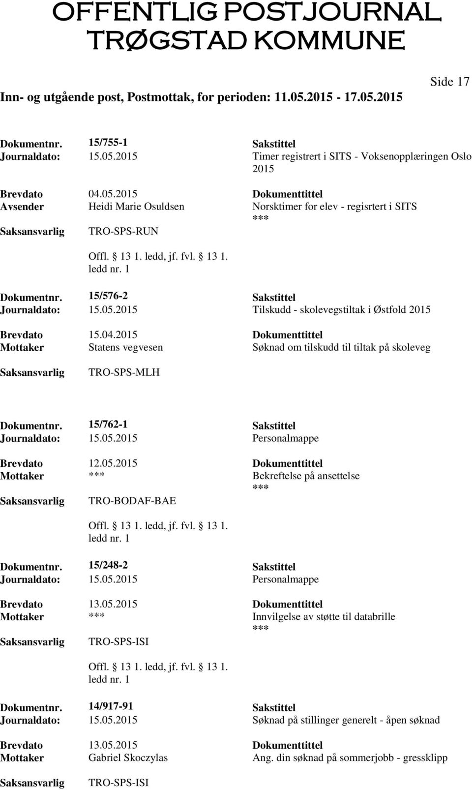 2015 Dokumenttittel Mottaker Statens vegvesen Søknad om tilskudd til tiltak på skoleveg TRO-SPS-MLH Dokumentnr. 15/762-1 Sakstittel Journaldato: 15.05.