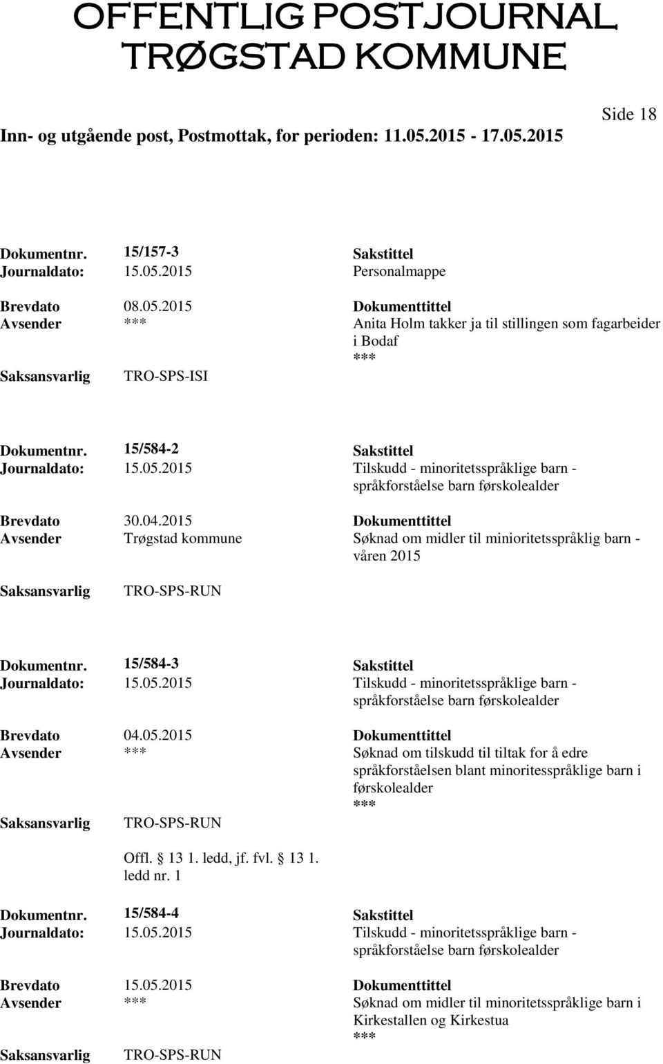 2015 Tilskudd - minoritetsspråklige barn - språkforståelse barn førskolealder Brevdato 04.05.