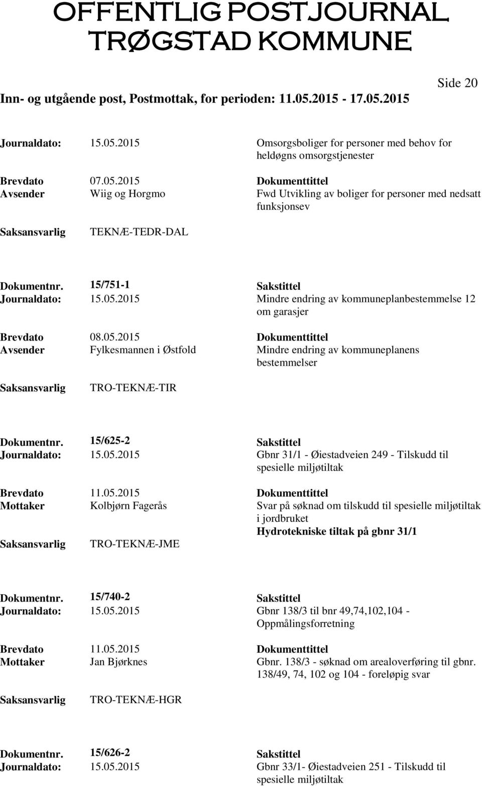 2015 Mindre endring av kommuneplanbestemmelse 12 om garasjer Avsender Fylkesmannen i Østfold Mindre endring av kommuneplanens bestemmelser TRO-TEKNÆ-TIR Dokumentnr.