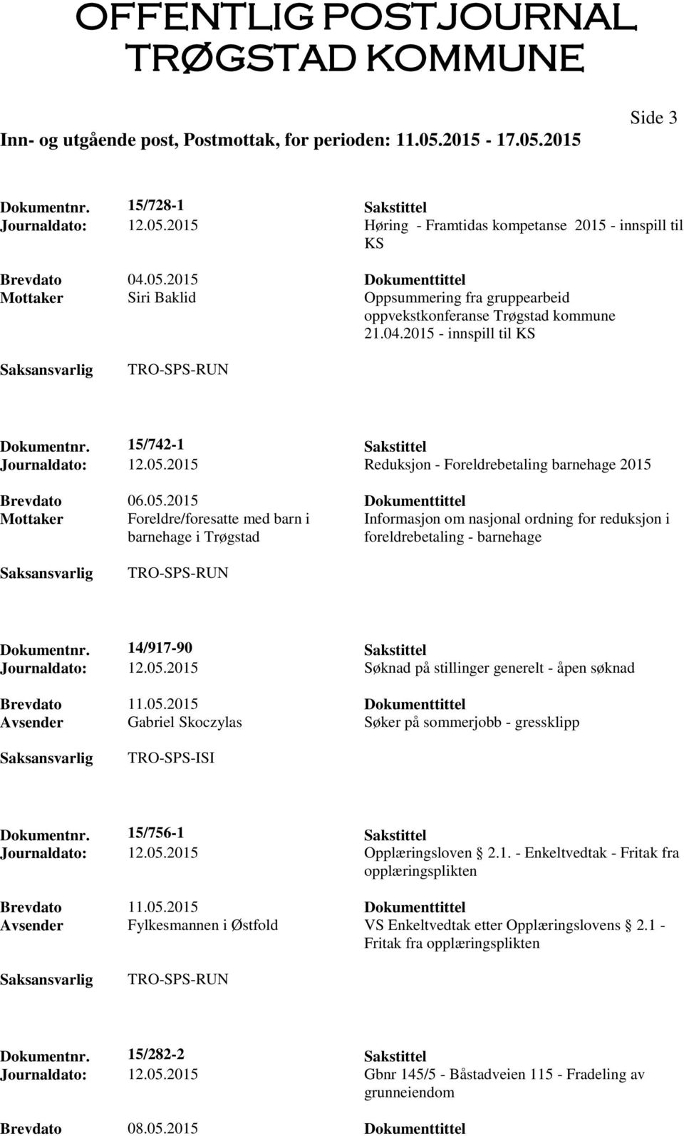 2015 Reduksjon - Foreldrebetaling barnehage 2015 Brevdato 06.05.