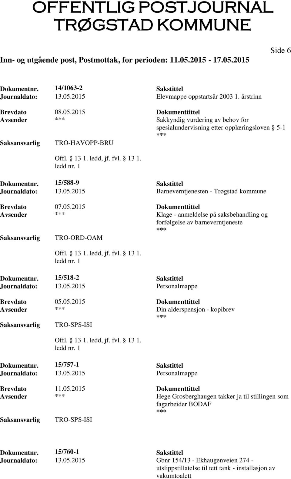 2015 Barneverntjenesten - Trøgstad kommune Brevdato 07.05.2015 Dokumenttittel Avsender Klage - anmeldelse på saksbehandling og forfølgelse av barneverntjeneste TRO-ORD-OAM Dokumentnr.