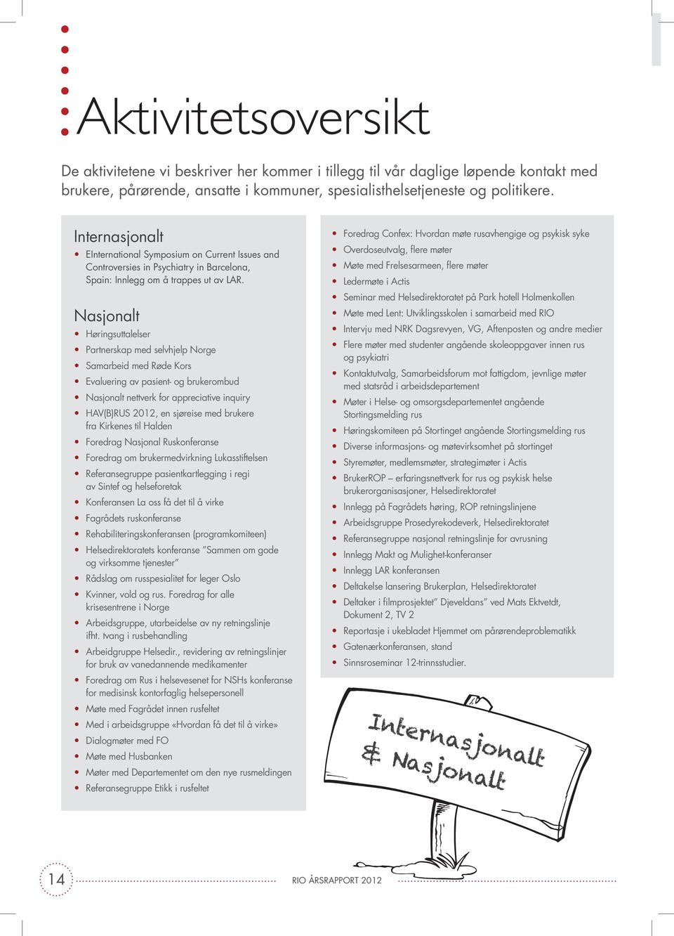 Nasjonalt Høringsuttalelser Partnerskap med selvhjelp Norge Samarbeid med Røde Kors Evaluering av pasient- og brukerombud Nasjonalt nettverk for appreciative inquiry HAV(B)RUS 2012, en sjøreise med