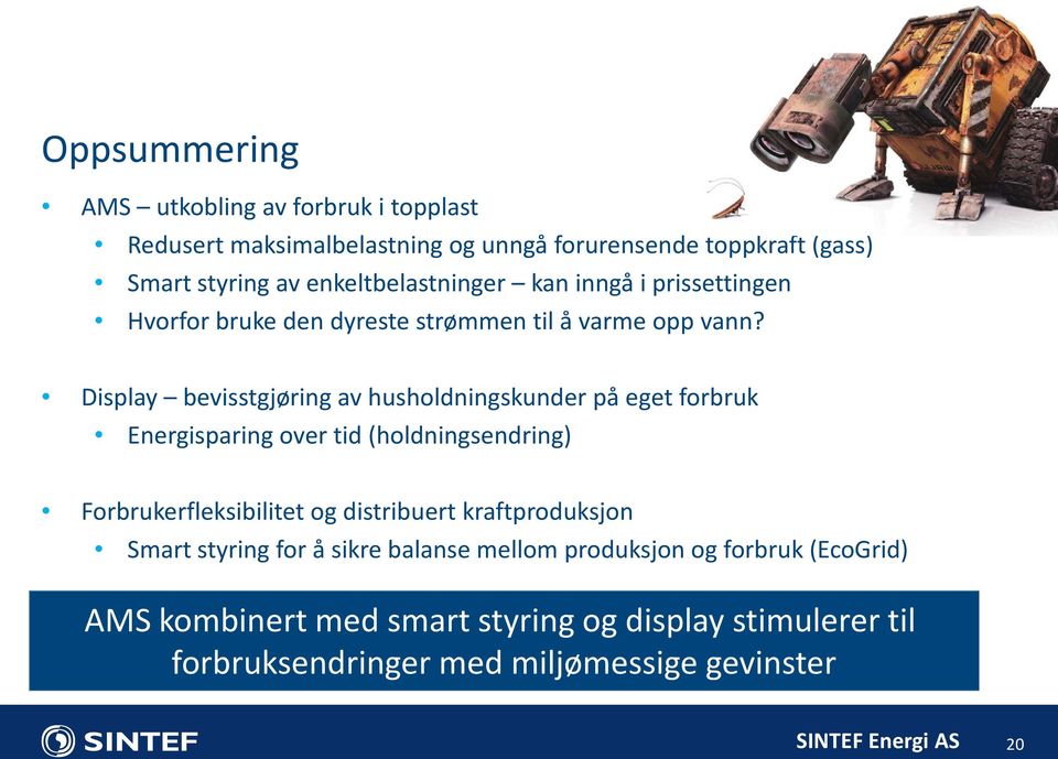 Display bevisstgjøring av husholdningskunder på eget forbruk Energisparing over tid (holdningsendring) Forbrukerfleksibilitet og distribuert