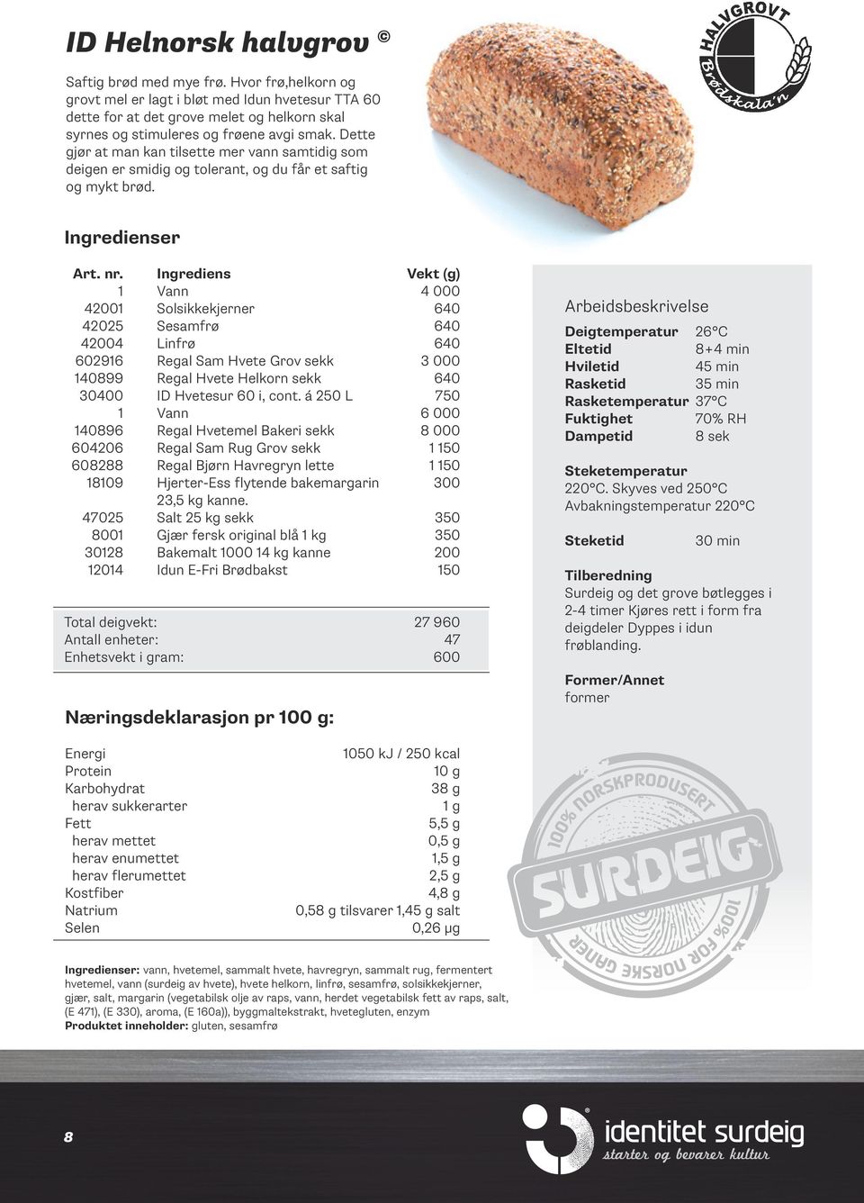 Ingrediens Vekt (g) 1 Vann 4 000 42001 Solsikkekjerner 640 42025 Sesamfrø 640 42004 Linfrø 640 2916 Regal Sam Hvete Grov sekk 3 000 140899 Regal Hvete Helkorn sekk 640 30400 ID Hvetesur i, cont.