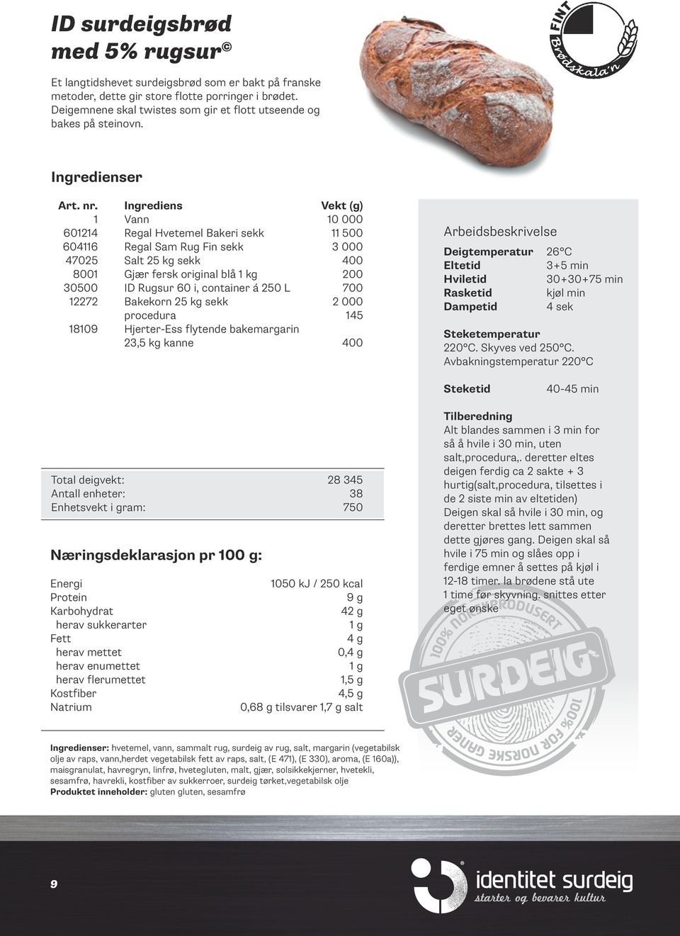 Ingrediens Vekt (g) 1 Vann 10 000 1214 Regal Hvetemel Bakeri sekk 11 500 4116 Regal Sam Rug Fin sekk 3 000 47025 Salt 25 kg sekk 400 8001 Gjær fersk original blå 1 kg 200 30500 ID Rugsur i, container